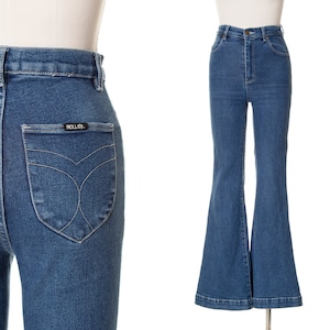 Modern 1970s Style Jeans | ROLLA&#39;S 70s Inspired Stretchy High Waisted Bell Bottom Medium Wash &quot;Eastcoast Flares&quot; Denim Pants (x-small/small)
