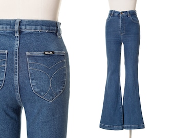 Modern 1970s Style Jeans | ROLLA'S 70s Inspired Stretchy High Waisted Bell Bottom Medium Wash "Eastcoast Flares" Denim Pants (x-small/small)