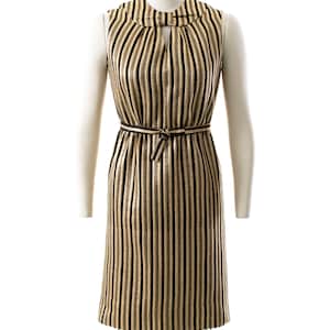 Vintage 1960s Dress 60s Striped Metallic Gold Black Keyhole Belted Shift Sleeveless Evening Holiday Party Dress small image 2