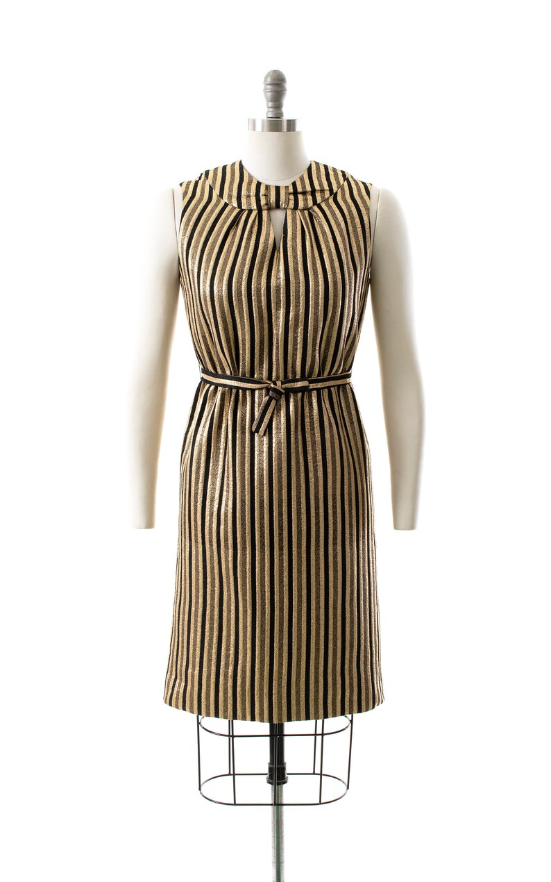 Vintage 1960s Dress 60s Striped Metallic Gold Black Keyhole Belted Shift Sleeveless Evening Holiday Party Dress small image 2