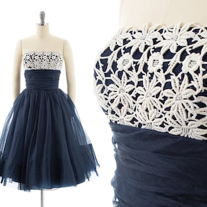 Vintage 1950s Party Dress | 50s EMMA DOMB Lace Organza Tulle Navy Blue Strapless Full Skirt Formal Evening Gown (small)