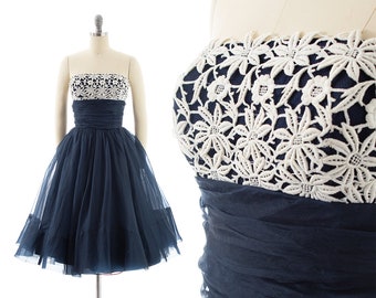 Vintage 1950s Party Dress | 50s EMMA DOMB Lace Organza Tulle Navy Blue Strapless Full Skirt Formal Evening Gown (small)