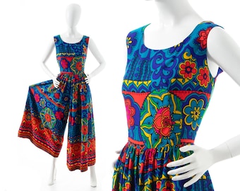 Tuta palazzo vintage anni &#39;60-&#39;70 / Tuta corta tropicale hawaiana psichedelica con stampa floreale a bordo largo anni &#39;60-&#39;70 in tessuto di corteccia (media)