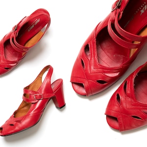 Modern 1930s Style Shoes | 30s Inspired RE-MIX Red Leather Heels Peep Toe Cuban Heel Cutout Strappy Sandals (US 6.5)
