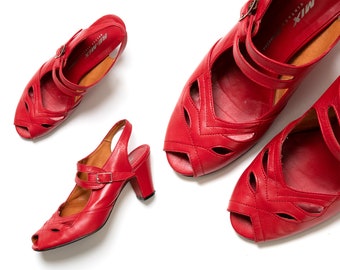 Modern 1930s Style Shoes | 30s Inspired RE-MIX Red Leather Heels Peep Toe Cuban Heel Cutout Strappy Sandals (US 6.5)