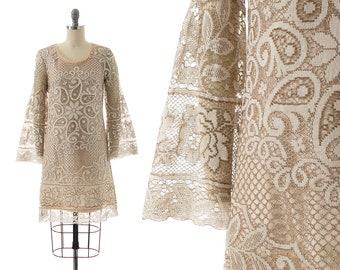 Vintage 1960s Dress | 60s Cream Lace Long Bell Sleeve Mini Boho Wedding Dress (x-small/small)