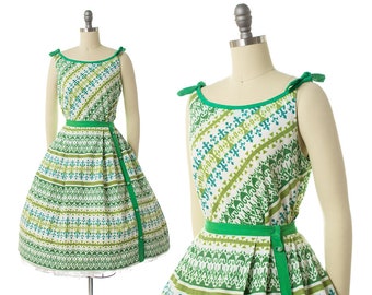 Vintage 1960s Skirt Set | 50s Geometric Printed Cotton Green Blouse and Full Skirt Dress Set (x-small)