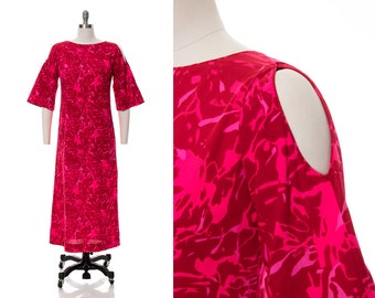 Vintage 1960s 1970s Maxi Dress | 60s 70s Hawaiian Psychedelic Hot Pink Bell Sleeve Cold Shoulder Hostess Gown (small)