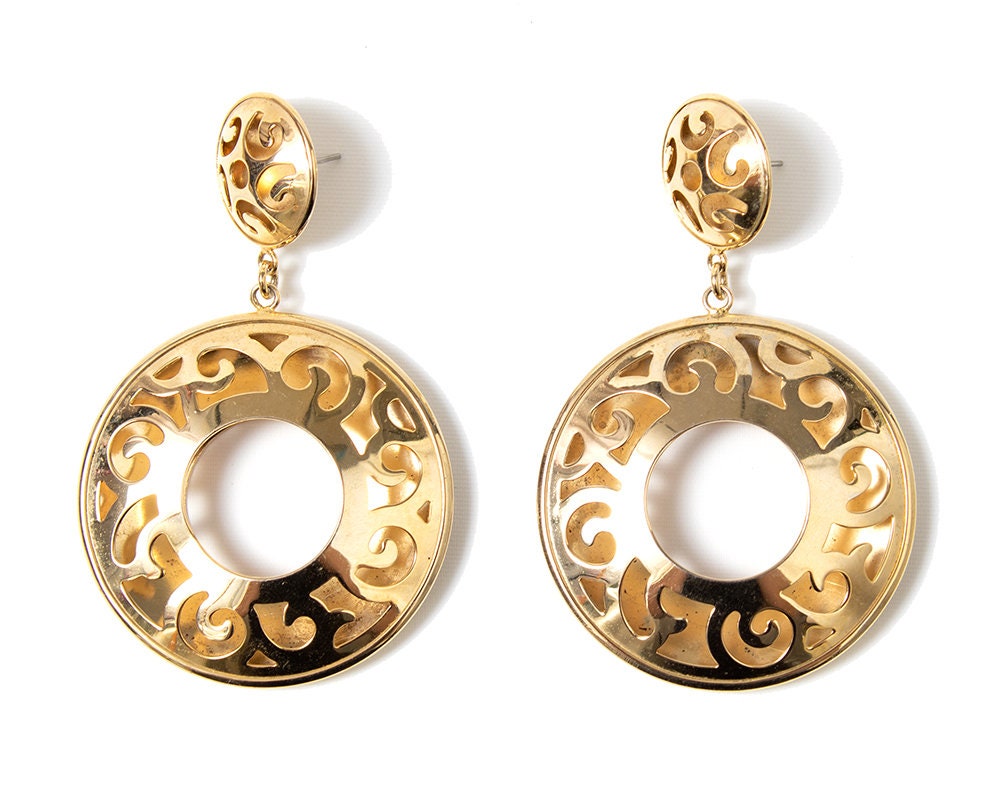 Vintage 1980s Hoop Earrings / 80s Gold Tone Metal Cutout Etsy