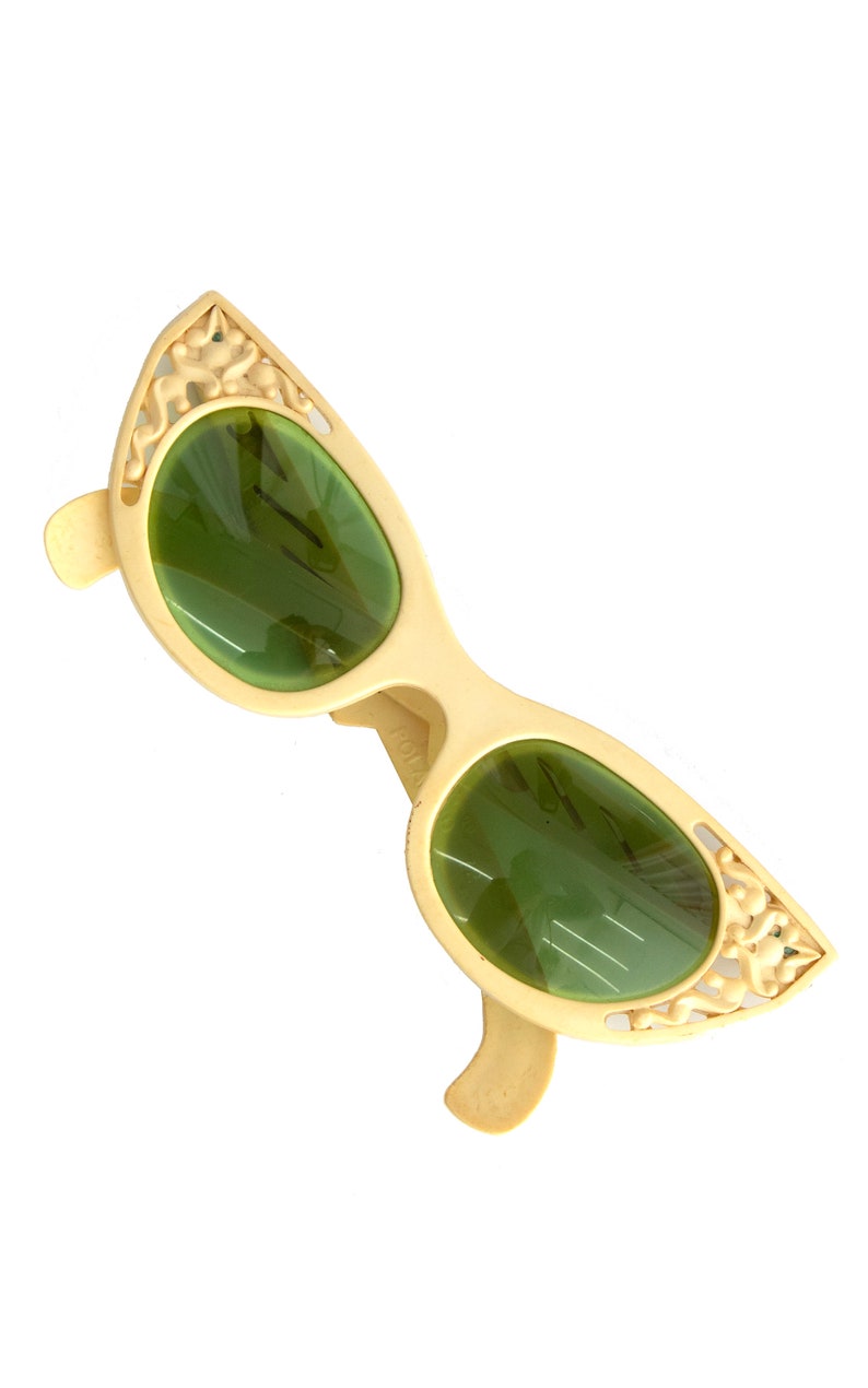 Vintage 1950s Cateye Sunglasses 50s COOL-RAY POLAROID Carved Cream Plastic Cat Eye Frames Glasses with Green Tinted Lenses image 6