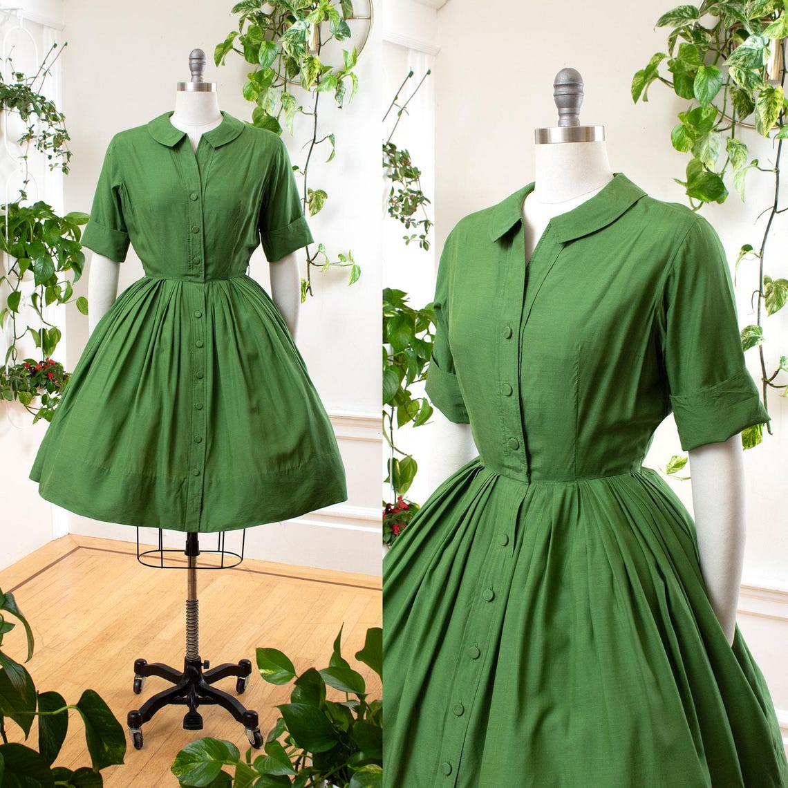 Vintage 1950s Shirt Dress | 50s ALFRED SHAHEEN Green Silk Shirtwaist Fit Flare Full Skirt Button Down Day Dress | small, foto 1 di 5