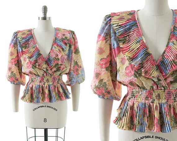 Vintage 1980s Blouse | 80s Floral Pleated Ruffles