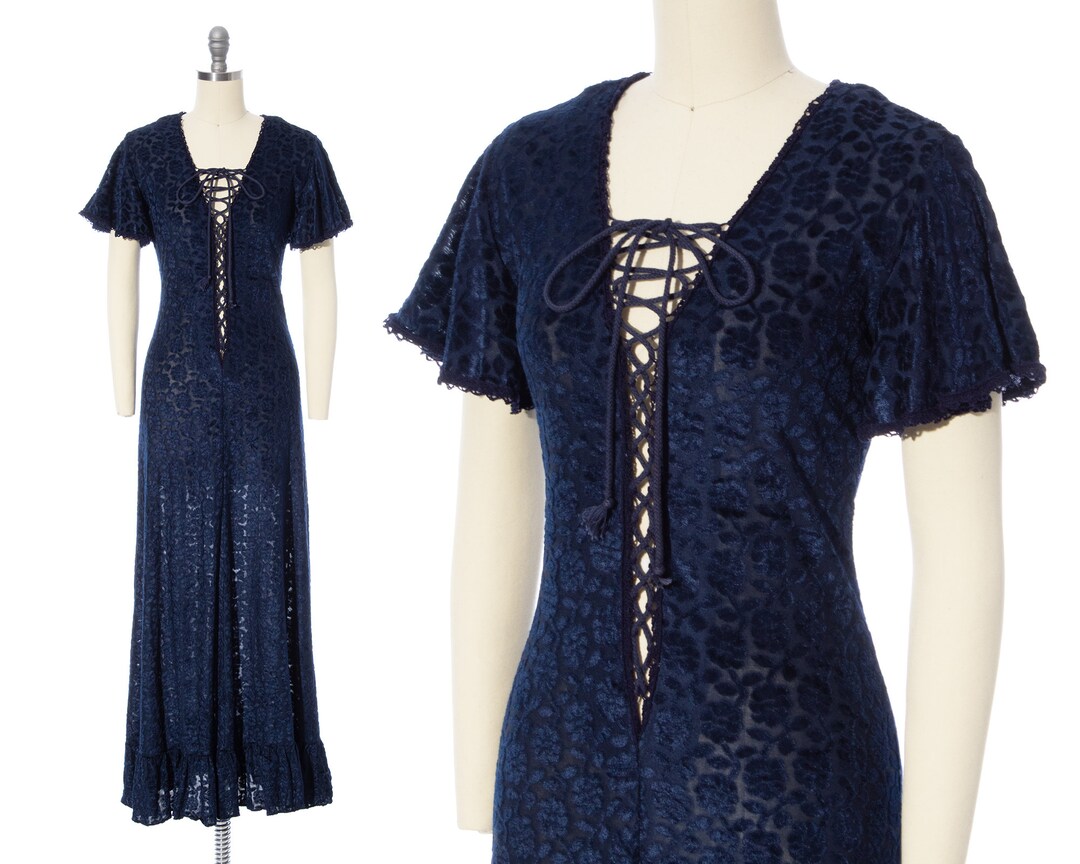 RARE Vintage 1970s GUNNE SAX Dress | 70s Navy Blue Burnout Floral ...
