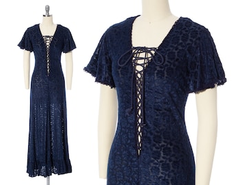 Vestido GUNNE SAX vintage de los años 70, raro; vestido largo bohemio de terciopelo azul marino desgastado con flores y mangas abullonadas con corsé y cordones (extra pequeño/pequeño)