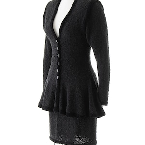 Vintage 1980s Skirt Suit | 80s Jet Black Chenille Knit Peplum Jacket Pencil Skirt Two Piece Matching Set (small/medium) image 3