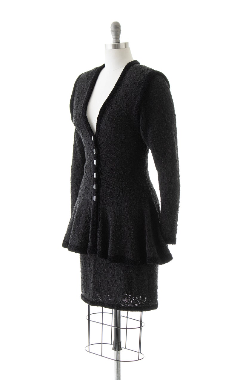 Vintage 1980s Skirt Suit 80s Jet Black Chenille Knit Peplum Jacket Pencil Skirt Two Piece Matching Set small/medium image 3