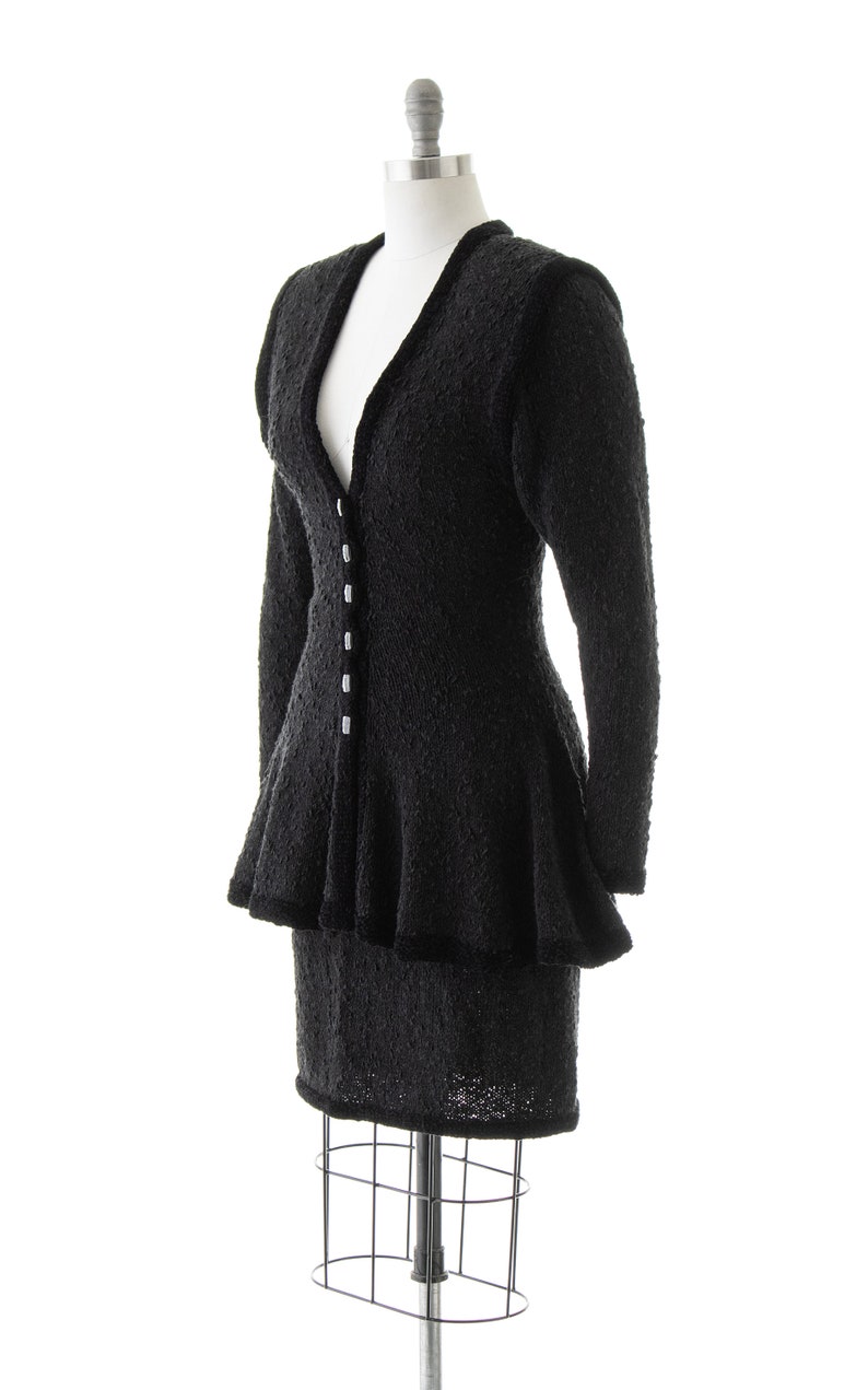 Vintage 1980s Skirt Suit | 80s Jet Black Chenille Knit Peplum Jacket Pencil Skirt Two Piece Matching Set (small/medium) image 3