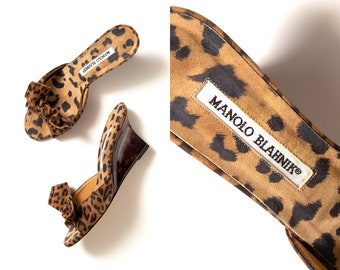 Vintage Y2K Shoes | 2000s MANOLO BLAHNIK Suede Leopard Animal Print Tortoiseshell Wedge Slide Mule High Heels (size US 5.5)