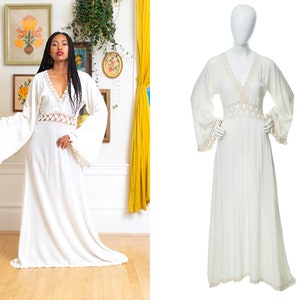 Vintage 1970s Dress 70s Cream Off-White Cotton Gauze Crochet Wide Bell Sleeve Full Length Maxi Boho Bridal Wedding Gown x-small/small image 1