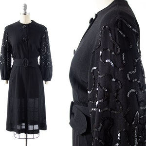 Vintage 1930s Dress | 30s Sequin Soutache Balloon Sleeve Black Rayon Shirtwaist Sheath Evening Dress (x-small/small)