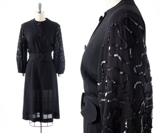 Vintage 1930s Dress | 30s Sequin Soutache Balloon Sleeve Black Rayon Shirtwaist Sheath Evening Dress (x-small/small)