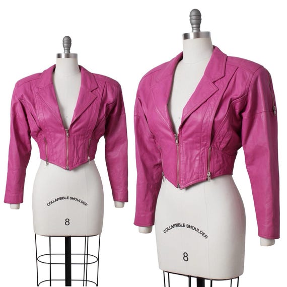 Vintage 1990s Jacket | 90s Hot Pink Genuine Leather Cropped Zippers Jacket | small
