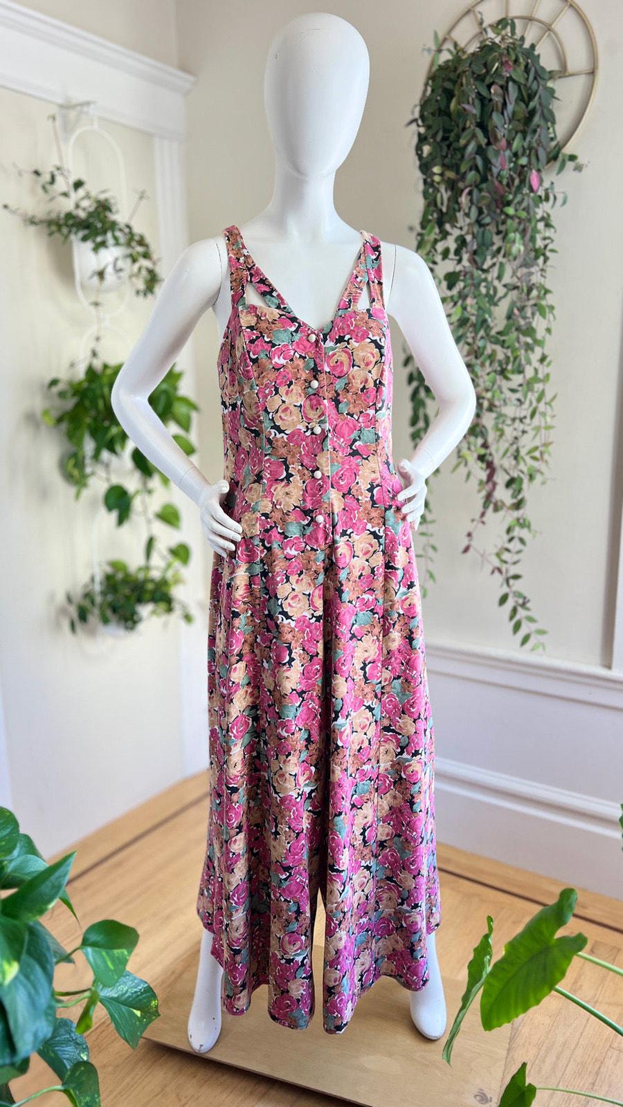 Vintage 1990s Jumpsuit | 90s Floral Print Cotton Strappy Wide Leg