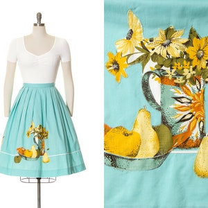 Vintage 1950s Skirt | 50s Novelty Print Appliqué Cotton Kitchen Floral Blue Cotton Pleated Full Wrap Swing Skirt (small)