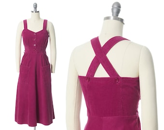 75 DRESS SALE /// Vintage 1970s Dress | 70s Corduroy Magenta Pink Overalls Fit and Flare Sundress with Pockets (xs)