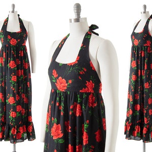 Vintage 1970s Sundress | 70s Red Rose Printed Floral Black Halter Neck Tiered Maxi A-Line Dress (x-small/small/medium)
