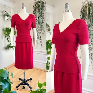 Vintage 1950s Knit Set | 50s Red Wool Sweater Top Pencil Skirt Two Piece Matching Outfit | small/medium