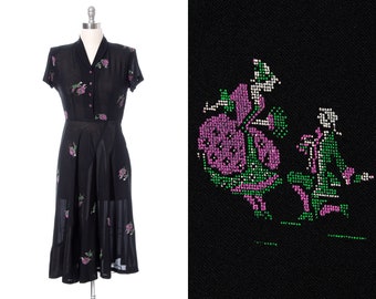 Vintage 1940s Shirt Dress | 40s Novelty Print Marriage Proposal Black Rayon Satin Inlay Shirtwaist Day to Evening Cocktail Dress (medium)