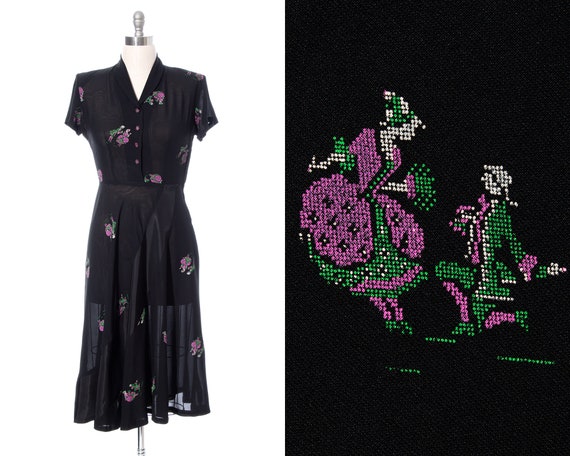 Vintage 1940s Shirt Dress | 40s Novelty Print Mar… - image 1