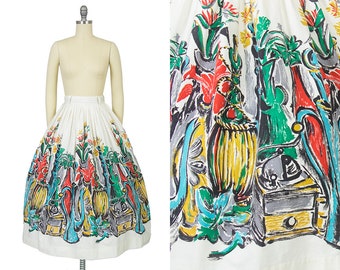 Vintage 1950s Skirt | 50s Novelty Border Print Cotton Chianti Italian Wine Floral White Full Skirt (x-small/small)