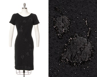 Vintage 1950s Sweater Dress | 50s Leaf Beaded Embroidered Knit Black Wool Wiggle Cocktail Evening Party LBD Dress (small/medium/large)