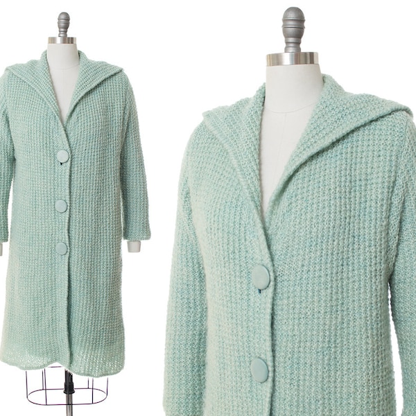 Vintage 1960s Sweater Coat | 60s Mint Blue Knit Long Cardigan (medium/large)