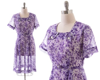 Vintage 1940s Dress | 40s Purple Floral Printed Sheer Cotton Voile Belted Volup Sheath Day Dress (large/x-large)