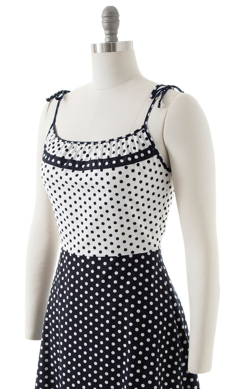 Vintage 1970s Sundress 70s does 1950s Polka Dot Color Black Cotton Tiered Spaghetti Strap Fit and Flare Day Dress small/medium image 6