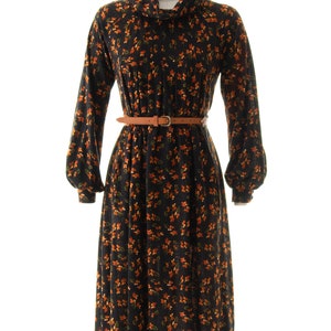 Vintage 1970s Trapeze Dress 70s Floral Print Acrylic Jersey Knit Brown Turtleneck Long Sleeve A-Line Sweater Dress x-small/small/medium image 2