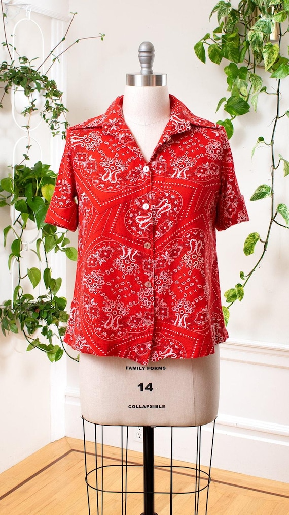 Vintage 1960s Shirt | 60s Red Bandana Print Cotton Button Down