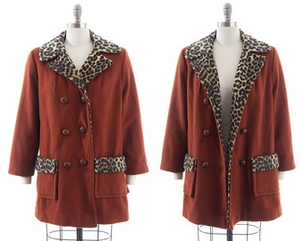 Vintage 1960s 1970s Coat | 60s 70s Burnt Orange Wool Leopard Animal Print Faux Fur Lined Short Pea Coat (medium)