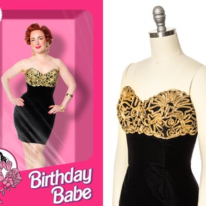 Vintage 1980s Party Dress | 80s GUNNE SAX Jessica McClintock Metallic Gold Soutache Sweetheart Black Velvet Strapless Cocktail Dress (small)