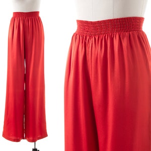 Vintage 1970s Pants | 70s Red Satin Elastic High Waist Wide Leg Studio 54 Dress Trousers (x-small/small)