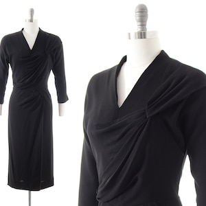 Vintage 1940s Dress | 40s DOROTHY O&#39;HARA Draped Black Rayon Crepe Sheath Wiggle Tailored Formal Evening LBD Black Tie Dress (small)