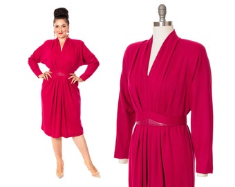 Vintage 1980s Sweater Dress | 80s Hot Pink Fuchsia Jersey Knit Long Sleeve Sheath Belted Secretary Dress (medium/large)