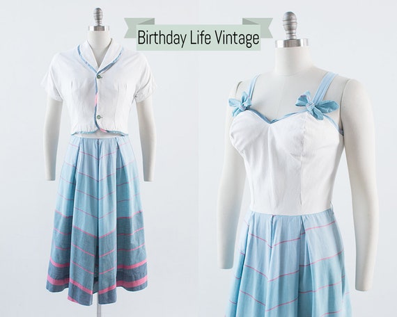 Vintage 1950s Dress Set | 50s Chevron Striped Cott