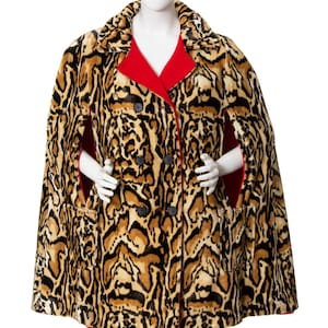 Vintage 1960er Jahre Wende-Cape 60er Leopard Ocelot Animal Print Rot Wolle Zweireihig Warmer Winter Poncho Mantel medium/large/x-large Bild 2