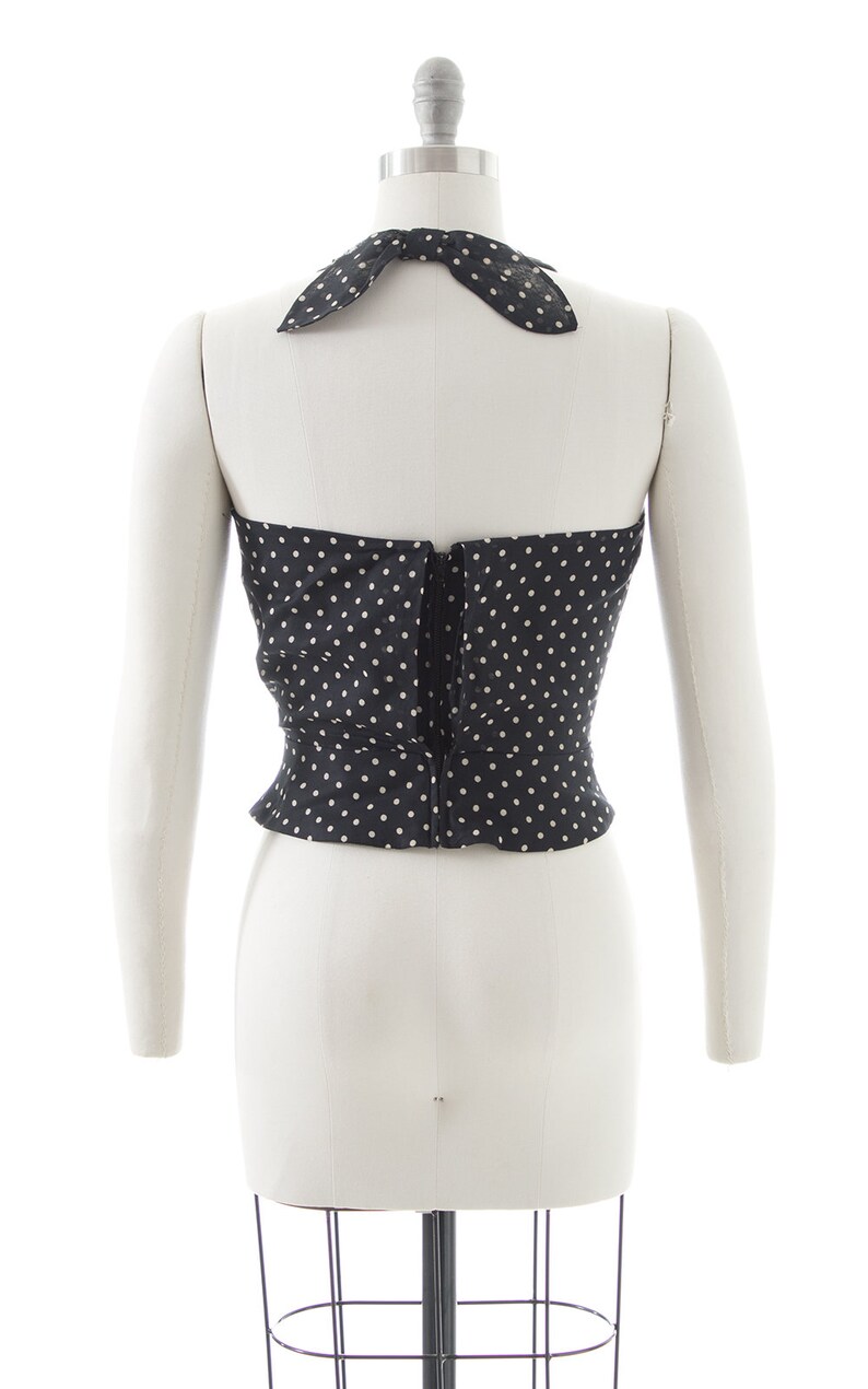 Vintage 1970s Halter Top 70s Polka Dot Cotton Black Cropped Peplum Pin Up Blouse small image 4