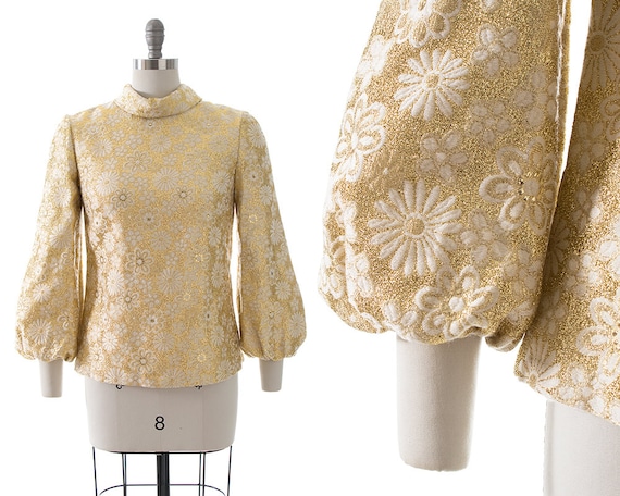 Vintage 1960s Blouse | 60s Floral Metallic Gold Lu