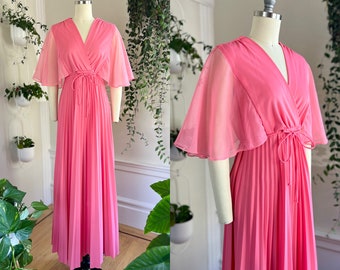 Vintage 1970s Maxi Dress | 70s Bubblegum Pink Barbie Accordion Pleated Chiffon Flutter Sleeve Empire Waist Fit Flare Party Gown (sm-lg)